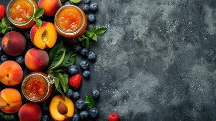 Two jars with peach jam and fresh fruits on stone background.