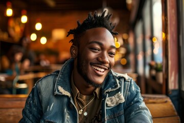 Handsome african american man in jeans jacket smiling and looking at camera in cafe