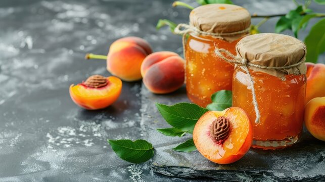 Two jars with peach jam and fresh fruits on stone background.