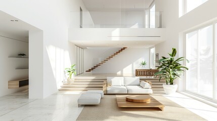 Obraz premium White, modern open space with wooden furniture set