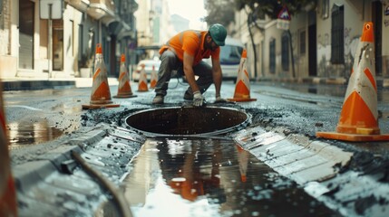 Worker over the open sewer hatch on a street near the traffic cones Concept of repair of sewage underground utilities water supply system cable laying water pipe accident - Powered by Adobe