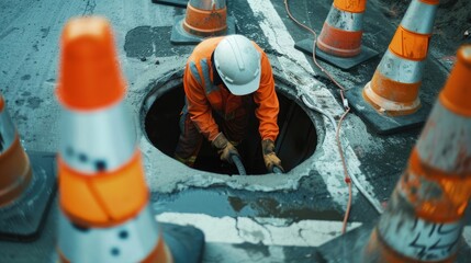 Worker over the open sewer hatch on a street near the traffic cones Concept of repair of sewage underground utilities water supply system cable laying water pipe accident - obrazy, fototapety, plakaty