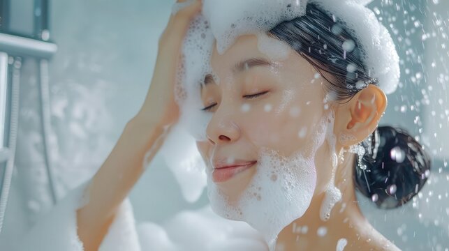 Woman washing hair with shampoo and shower in bathroom Asian female body and hair care with foam to freshness Spa and Health care