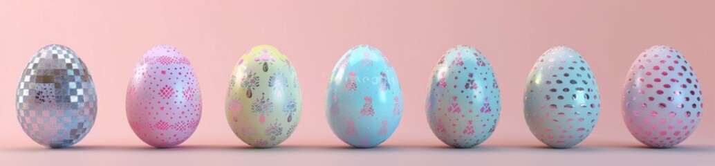Fototapeta premium Vibrant Easter Egg Decorations in Various Styles banner - Festive Delights on a Light Background