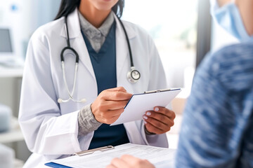Doctor talking to patient for life insurance or healthcare services or medical data. Medicine, nurse helping or mature woman learning info on pamphlet in hospital for advice