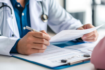 Doctor talking to patient for life insurance or healthcare services or medical data. Medicine, nurse helping or mature woman learning info on pamphlet in hospital for advice