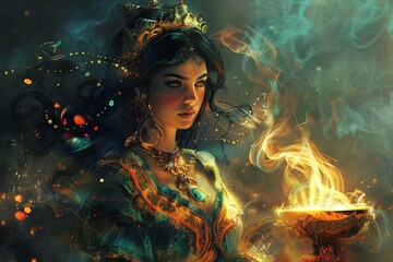magical female genie emerging from ornate lamp fantasy illustration