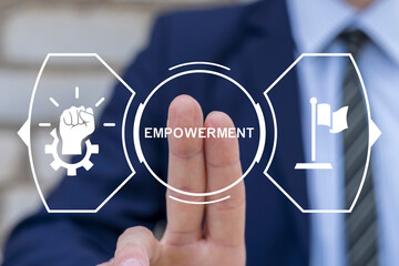 Business man using virtual touch screen presses inscription: EMPOWERMENT. Culture of empowerment concept. Employee empowerment. Empower Enable Authorize Liberate Power.