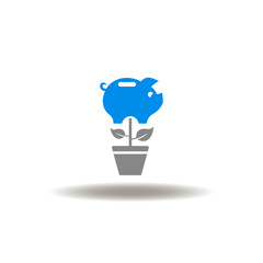 Vector illustration of pot with grow plant and piggy bank. Icon of profits. Symbol of financial investments. Sign of retirement.