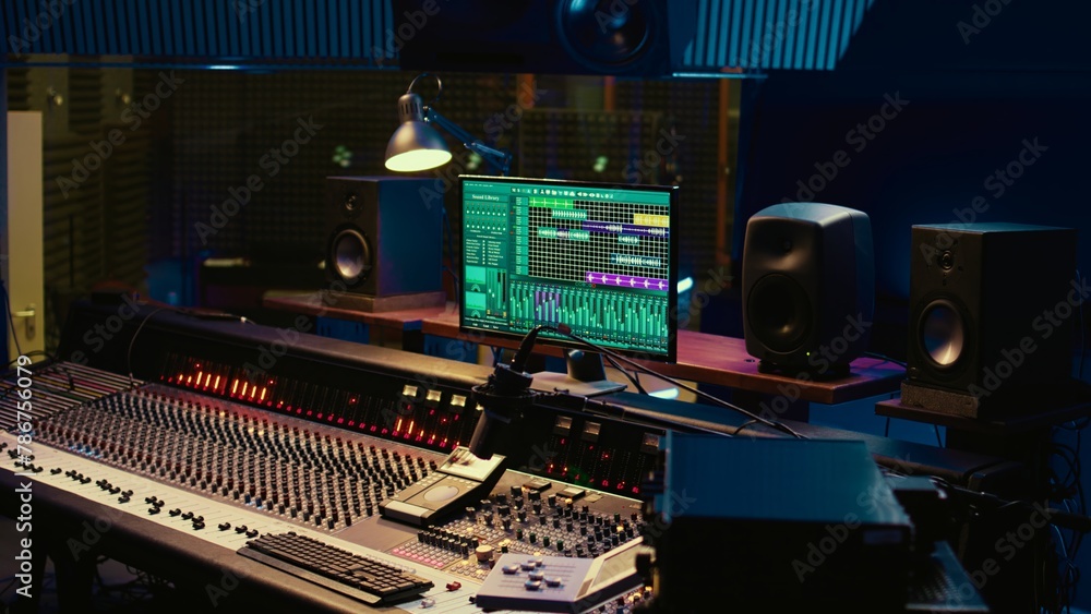 Aufkleber Empty control room filled with buttons and sliders used for recording and editing music, mix and master concept. Professional studio panel board with switchers and pre amp knobs.