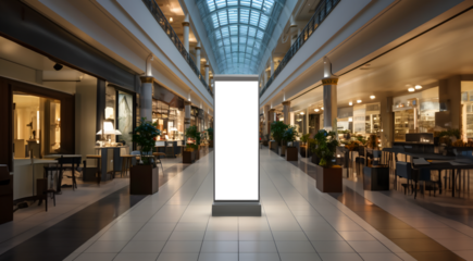 Indoor Advertising: Freestanding Display in a Shopping Gallery, Freestanding advertising on white and transparent display located in a shopping mall atrium, Roll up mockup