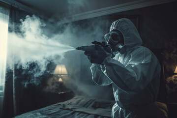 Faceless pest control worker in a protective suit sprays insect poison in bedroom