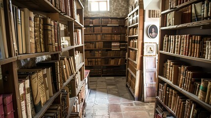 A quiet study filled with ancient religious texts, the shelves lined with manuscripts that hold centuries of theological knowledge and wisdom.