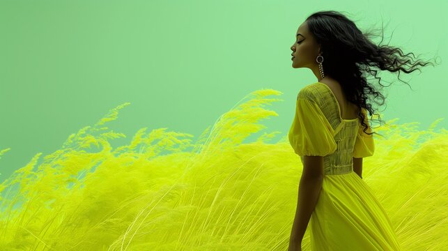 A mysterious woman dons a bright yellow dress, captured mid-pose amidst a field of tall yellow grass on a green background