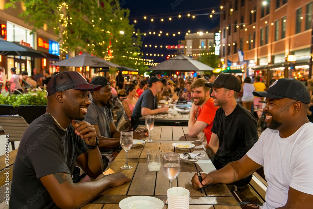 Wall mural group of african american friends laughing and enjoying dinner at outdoor restaurant during summer