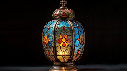 Lantern in the dark, single ornately decorated Moroccan lamp with colorful glass panels