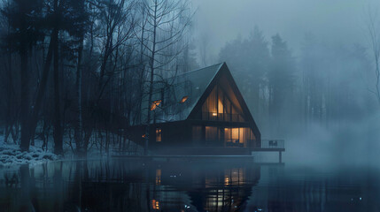 Triangular modern lake house in a misty forest