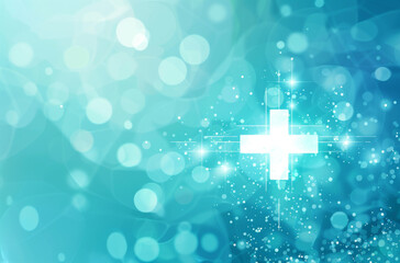 Fototapeta premium Medical cross, blue design and healthcare with genetics research or cancer study with symbol for medicare industry. Icon for laboratory, wallpaper or sign for pharmacy with science, dna or innovation