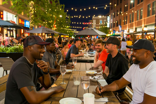 Group of African American friends laughing and enjoying dinner at outdoor restaurant during summer