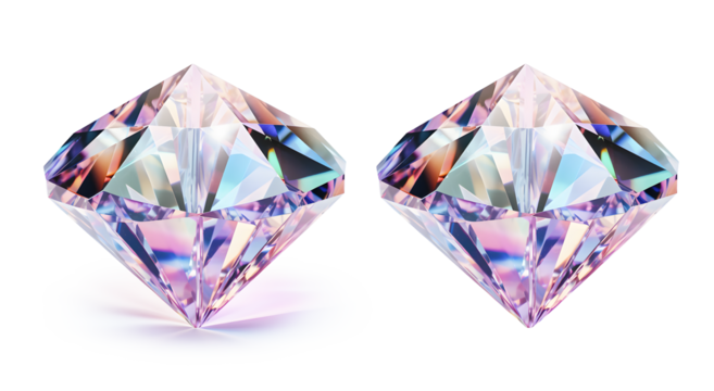Holographic diamond crystal isolated on white and transparent background
