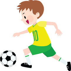 Illustration of a boy wearing yellow and green jerseys kicking a soccer ball. Vector Illustration.