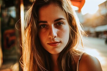 Portrait of a beautiful young woman with freckles and blue eyes