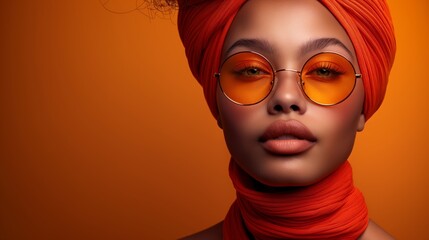 An elegant model poses wearing trendy orange eyewear and an orange headwrap, showcasing her striking features