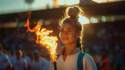 sportswoman holding olympic flame on sport stadium.