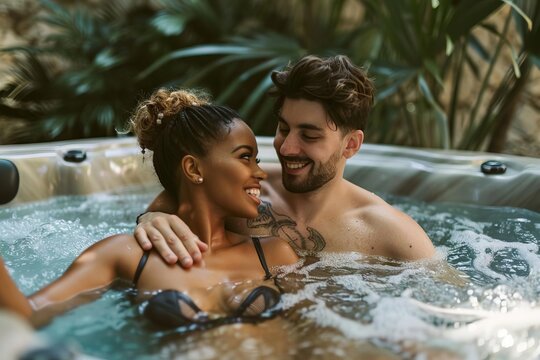 happy interracial couple enjoying romantic moment in spa hot tub lifestyle photography
