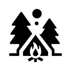 "Camping Icon: Features A Classic Tent And Fire Setup Within A Forest Scene, Emphasizing The Adventurous Spirit Of Camping In Nature."