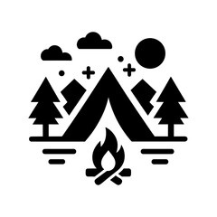 "Camping Icon: Depicts A Campsite With A Tent, A Fire For Warmth, And The Lush Forest Backdrop, Embodying The Essence Of Nature."