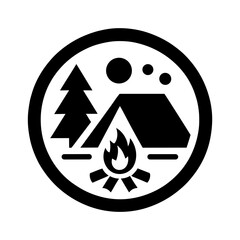 "Camping Icon: Depicts A Campsite With A Tent, A Fire For Warmth, And The Lush Forest Backdrop, Embodying The Essence Of Nature."