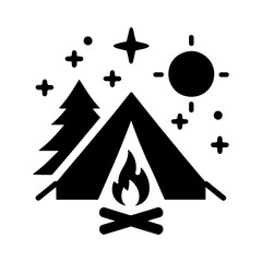 "Camping Icon: Featuring A Tent And A Cozy Fire Under A Tree, This Symbol Invites You To Experience The Thrill Of Camping In The Forest."