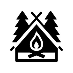 "Camping Icon: A Tent Set Beside A Flickering Fire With Towering Trees Around, Evokes The Spirit Of Nature And Adventure Camping."
