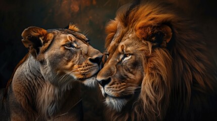 Lion and lioness on a dark background. Close-up.