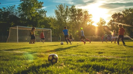 A group of players are enjoying a game of soccer on a grassfield under the blue sky, surrounded by...