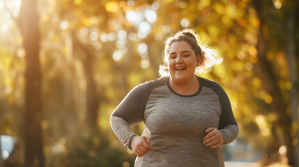 plus size confident lady running, body positive attitude, fat overweight jogging in park  - Powered by Adobe