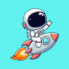 Cute astronaut riding rocket and waving hand vector illustration