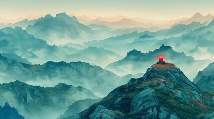 Mountain landscape with a single candle atop a peak for themes of adventure & exploration, mediation and mindfulness background - obrazy, fototapety, plakaty