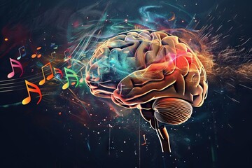 human brain immersed in music unlocking creativity and intelligence through education digital illustration - obrazy, fototapety, plakaty