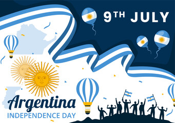 Happy Argentina Independence Day Vector Illustration on 9Th of july with Waving Flag and Ribbon in Flat Cartoon Celebration Background Design