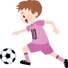 Illustration of a boy wearing pink jerseys kicking a soccer ball. Vector Illustration.