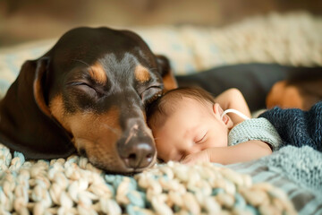 dog sleeping tenderly with a baby
