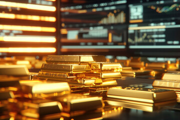 Future Fortunes Gold Bar Stacks Ascend Against Futuristic Financial Backdrop