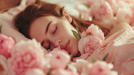 beautiful girl sleeping on pink linen bedsheet with flower