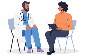 Technology, illustration and patient with doctor for consultation in hospital with cartoon effect. Advice, professional and healthcare or medical worker talking to woman for diagnosis in clinic.