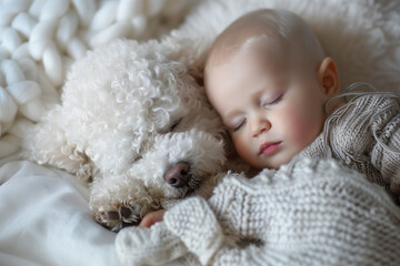 dog sleeping tenderly with a baby