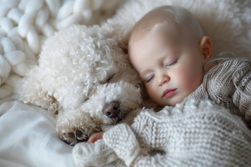 Fototapeta premium dog sleeping tenderly with a baby