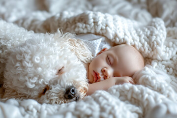 dog sleeping tenderly with a baby