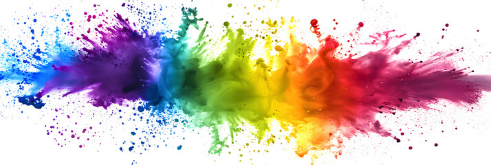 A vibrant rainbow color explosion with splattered paint on transparent background.